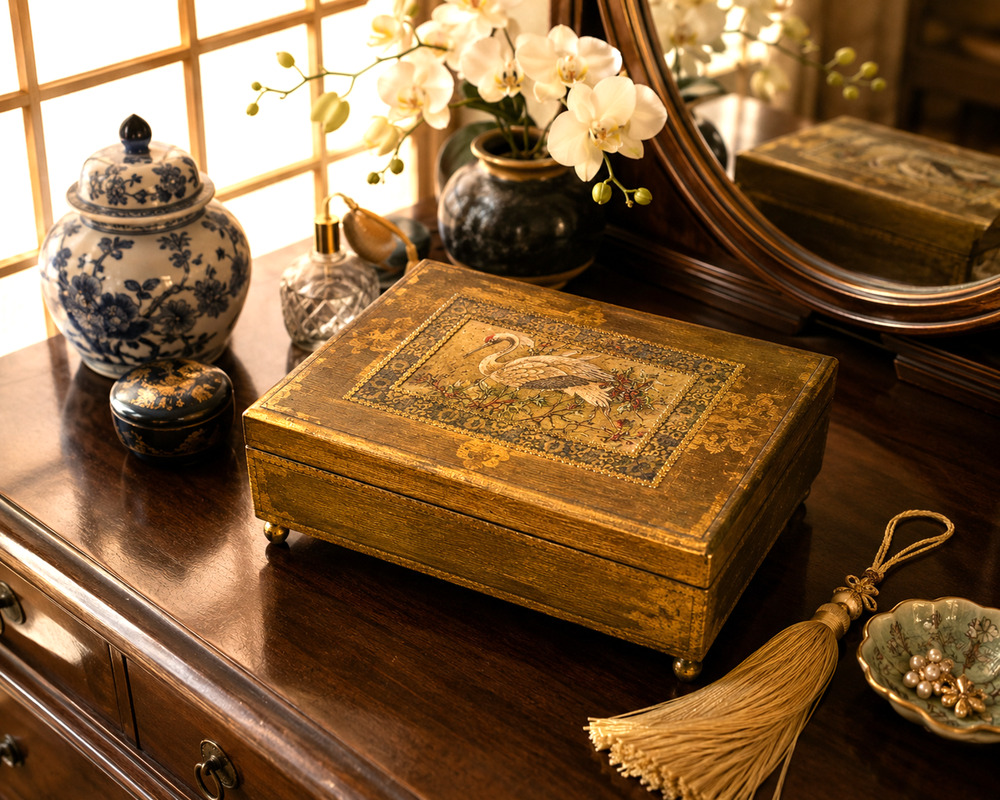Vintage Gold Gilt Wood Decorative Keepsake Dresser Box Japanese Crane Scene
